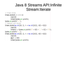 Java 8 Streams API:Infinite
Stream:Iterate
 