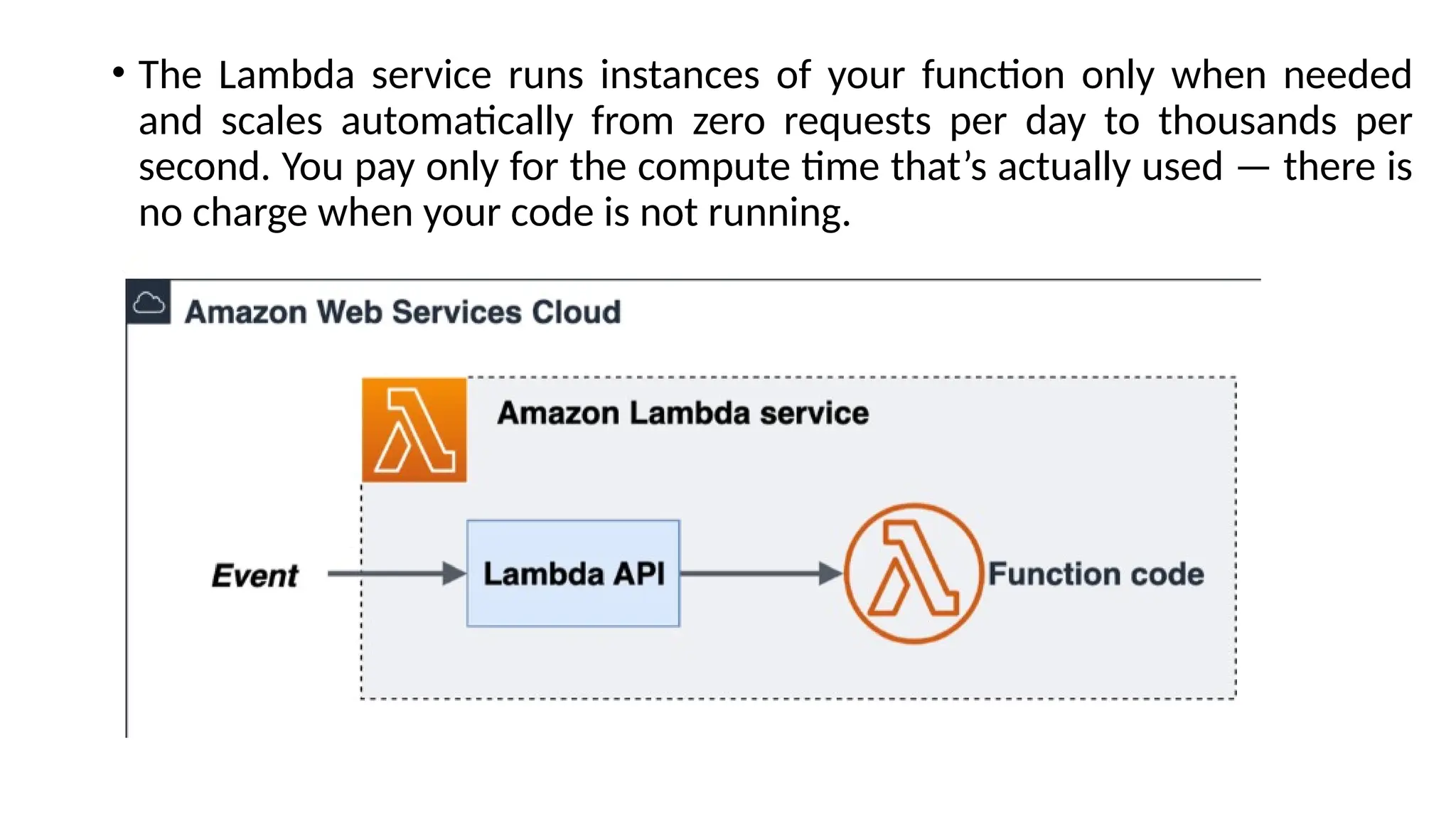 • The Lambda service runs instances of your function only when needed
and scales automatically from zero requests per day to thousands per
second. You pay only for the compute time that’s actually used — there is
no charge when your code is not running.
 