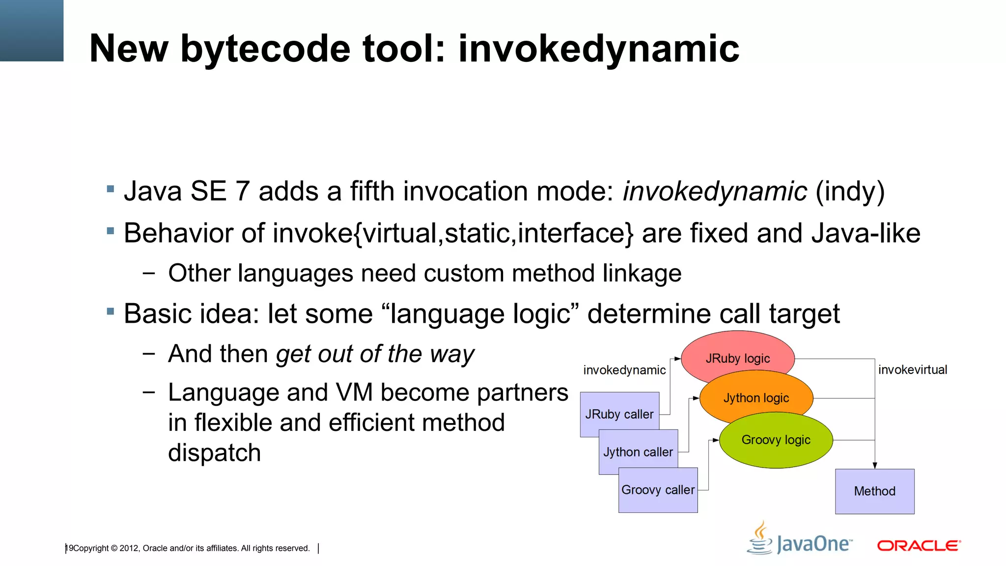 New bytecode tool: invokedynamic


            Java SE 7 adds a fifth invocation mode: invokedynamic (indy)
            Behavior of invoke{virtual,static,interface} are fixed and Java-like
                      – Other languages need custom method linkage
            Basic idea: let some “language logic” determine call target
                      – And then get out of the way
                      – Language and VM become partners
                             in flexible and efficient method
                             dispatch


19Copyright © 2012, Oracle and/or its affiliates. All rights reserved.
 
