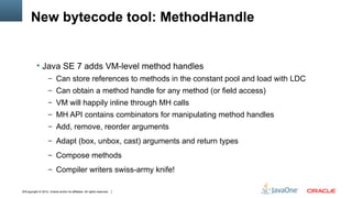 New bytecode tool: MethodHandle


            Java SE 7 adds VM-level method handles
                    – Can store references to methods in the constant pool and load with LDC
                    – Can obtain a method handle for any method (or field access)
                    – VM will happily inline through MH calls
                    – MH API contains combinators for manipulating method handles
                    – Add, remove, reorder arguments

                    – Adapt (box, unbox, cast) arguments and return types

                    – Compose methods

                    – Compiler writers swiss-army knife!


14Copyright © 2012, Oracle and/or its affiliates. All rights reserved.
 