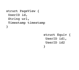 struct Equiv {
UserID id1,
UserID id2
}
struct PageView {
UserID id,
String url,
Timestamp timestamp
}
 