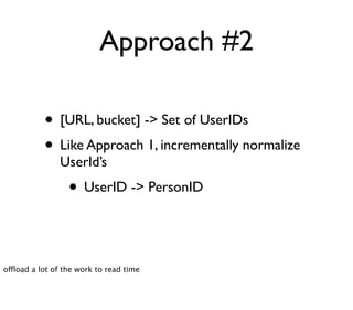 Approach #2
• Query:
• Retrieve all UserID sets for range
• Merge sets together
• Convert UserIDs -> PersonIDs to
produce ...