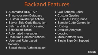 Backand Features
● Automated REST API
● Bring your own Database
● Custom JavaScript Actions
● Server-Side Code Execution
● Batch and Bulk Processing
● Scheduled Tasks
● Automated messages
● Real-time Communications
● User and Role-based
Security
● Social Media Authentication
● GUI Schema Editor
● Custom Queries
● REST API Playground
● Sample Code Generation
● Hosting
● Detailed Analytics
● Logging
● Multi-Platform SDK
● Single Sign On Support
 
