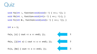 1
2
2
void fa(int x, function<void(void)> f) { ++x; f(); }
void fb(int x, function<void(int)> f) { ++x; f(x); }
void fc(int &x, function<void(void)> f) { ++x; f(); }
int x = 1;
fa(x, [x] { cout << x << endl; });
fb(x, [](int x) { cout << x << endl; });
fc(x, [&x] { cout << x << endl; });
 