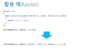 struct Less
{
bool operator()(const int &left, const int &right) const
{
return left < right;
}
};
sort(begin(v), end(v), Less());
sort(begin(v), end(v), [](int x, int y) { return x < y; });
 