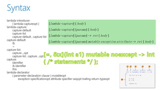 [lambda-capture] { body }
[lambda-capture] (params) { body }
[lambda-capture] (params) -> ret { body }
[lambda-capture] (params) mutable exception attribute -> ret { body }
 