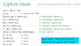 [lambda-capture] (params) mutable exception attribute -> ret { body }
int x = 10, y = 20;
[] {}; // capture 하지 않음
[x](int arg) { return x;}; // value(Copy) capture x
[=] { return x;}; // value(Copy) capture all
[&] { return y;}; // reference capture all
[&, x] { return y;}; // reference capture all except x
[=, &y] { return x;}; // value(Copy) capture all except y
[this] { return this->something;}; // this capture
[=, x] {}; // error
[&, &x] {}; // error
[=, this] {}; // error
[x, x] {}; // error
Capture default =, &를 하였더라도 body에서
사용하지 않았다면 capture는 일어나지 않음
 