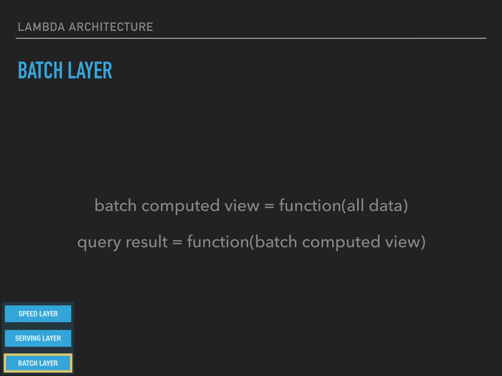 LAMBDA ARCHITECTURE
BATCH LAYER
batch computed view = function(all data)
query result = function(batch computed view)
BATCH LAYER
SERVING LAYER
SPEED LAYER
 