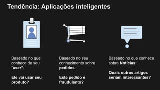 Tendência: Aplicações inteligentes
Baseado no que
conhece de seu
”user”:
Ele vai usar seu
produto?
Baseado no seu
conhecimento sobre
pedidos:
Este pedido é
fraudulento?
Baseado no que conhece
sobre Notícias:
Quais outros artigos
seriam interessantes?
 