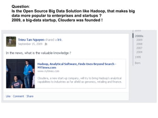 Question:
Is the Open Source Big Data Solution like Hadoop, that makes big
data more popular to enterprises and startups ?
2009, a big-data startup, Cloudera was founded !
 