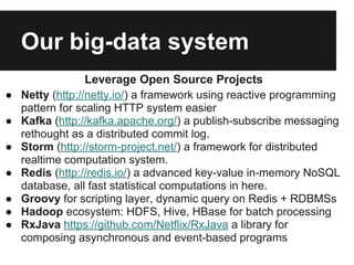 Our big-data system
Leverage Open Source Projects
● Netty (http://netty.io/) a framework using reactive programming
pattern for scaling HTTP system easier
● Kafka (http://kafka.apache.org/) a publish-subscribe messaging
rethought as a distributed commit log.
● Storm (http://storm-project.net/) a framework for distributed
realtime computation system.
● Redis (http://redis.io/) a advanced key-value in-memory NoSQL
database, all fast statistical computations in here.
● Groovy for scripting layer, dynamic query on Redis + RDBMSs
● Hadoop ecosystem: HDFS, Hive, HBase for batch processing
● RxJava https://github.com/Netflix/RxJava a library for
composing asynchronous and event-based programs
 
