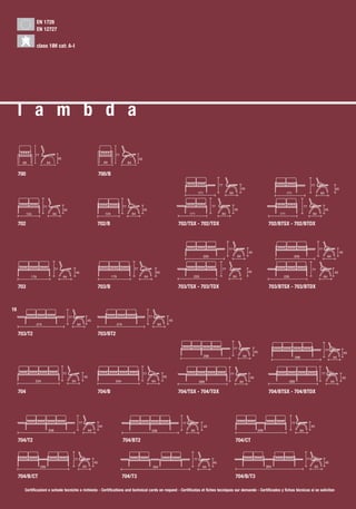 EN 1728
                   EN 12727


                   class 1IM cat: A-I




     l a m b d a

                 77                                                                         77
                                      45                                                                              45
       69                   64                                                      69                     64


     700                                                                       700/B
                                                                                                                                                                                    77                                                                       77
                                                                                                                                                                                                         45                                                                        45
                                                                                                                                                                   171                    64                                           171                         64



                       77                                                                             77                                                                       77                                                                    77
                                           45                                                                              45                                                                  45                                                                       45
           124                   64                                                 124                         64                                          171                      64                                          171                          64


     702                                                                   702/B                                                                      702/TSX - 702/TDX                                                     702/BTSX - 702/BTDX



                                                                                                                                                                                          77                                                                       77
                                                                                                                                                                                                              45                                                                        45
                                                                                                                                                                     226                            64                                       226                             64


                                  77                                                                             77                                                                  77                                                                      77
                                                      45                                                                              45                                                                      45                                                                   45
             179                           64                                             179                              64                                 226                              64                                  226                                  64


     703                                                                       703/B                                                                  703/TSX - 703/TDX                                                     703/BTSX - 703/BTDX



18
                                                77                                                                              77
                                                                     45                                                                          45
                 274                                      64                                    274                                    64


     703/T2                                                                    703/BT2

                                                                                                                                                                                               77                                                                       77
                                                                                                                                                                                                                    45                                                                       45
                                                                                                                                                                         288                             64                                    288                                64




                                           77                                                                              77                                                             77                                                                        77
                                                                45                                                                          45                                                                 45                                                                        45
                 234                                 64                                     234                                  64                                288                               64                                  288                                  64


     704                                                                       704/B                                                                  704/TSX - 704/TDX                                                     704/BTSX - 704/BTDX




                                                           77                                                                                          77                                                                                 77
                                                                               45                                                                                        45                                                                                  45
                            336                                      64                                                          336                        64                                                       299                           64


     704/T2                                                                                           704/BT2                                                                                   704/CT


                                                      77                                                                                                      77                                                                                        77
                                                                          45                                                                                                   45                                                                                       45
                      299                                       64                                                                   394                             64                                                    394                                64


     704/B/CT                                                                                     704/T3                                                                                        704/B/T3

        Certificazioni e schede tecniche a richiesta - Certifications and technical cards on request - Certificatas et fiches tecniques sur demande - Certificados y fichas técnicas si se solicitan
 