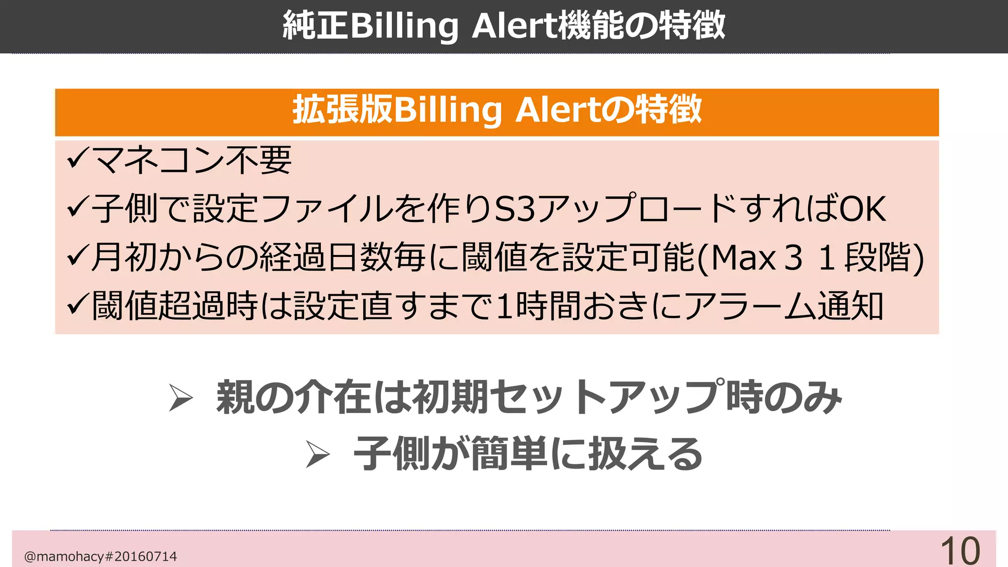 10
純正Billing Alert機能の特徴
 親の介在が必須
 子側が簡単に扱えない
@mamohacy#20160714
純正Billing Alertの特徴
要マネコン
予算管理機能使えるのは親側だけ
期間指定による閾値設定は出来ない
アラーム通知は閾値超過後の１回のみ
 