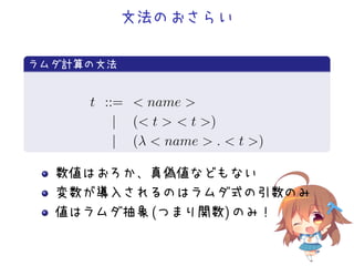 文法のおさらい
.
ラムダ計算の文法
..
.
t ::= < name >
| (< t > < t >)
| (λ < name > . < t >)
数値はおろか、真偽値などもない
変数が導入されるのはラムダ式の引数のみ
値はラムダ抽象 (つまり関数) のみ！
 