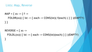 Lists: Map, Reverse
MAP = { xs -> { f ->
FOLDR(xs)( { lst -> { each -> CONS(lst)( f(each) ) } } )(EMPTY)
} }
REVERSE = { xs ->
FOLDL(xs)( { lst -> { each -> CONS(lst)(each) } } )(EMPTY)
}
 