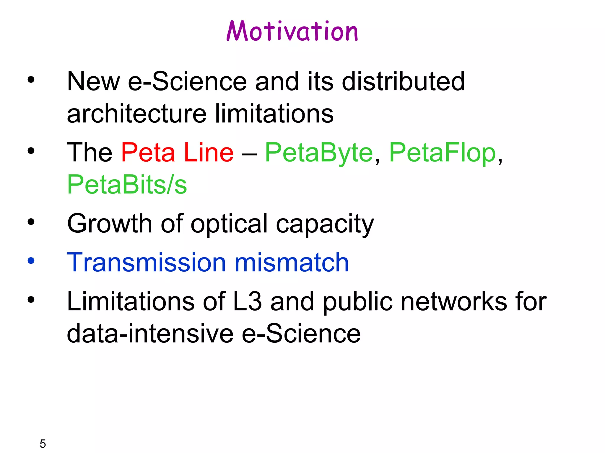 5 
Motivation 
• New e-Science and its distributed 
architecture limitations 
• The Peta Line – PetaByte, PetaFlop, 
PetaBits/s 
• Growth of optical capacity 
• Transmission mismatch 
• Limitations of L3 and public networks for 
data-intensive e-Science 
 