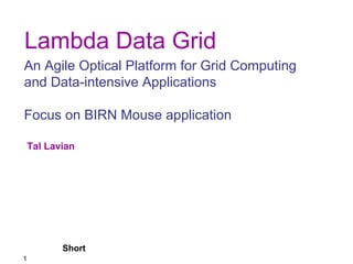 Lambda Data Grid 
An Agile Optical Platform for Grid Computing 
and Data-intensive Applications 
Focus on BIRN Mouse application 
1 
Tal Lavian 
Short 
 