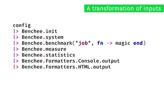 config
|> Benchee.init
|> Benchee.system
|> Benchee.benchmark("job", fn -> magic end)
|> Benchee.measure
|> Benchee.statistics
|> Benchee.Formatters.Console.output
|> Benchee.Formatters.HTML.output
A transformation of inputs
 