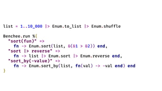list = 1..10_000 |> Enum.to_list |> Enum.shuffle
Benchee.run %{
"sort(fun)" =>
fn -> Enum.sort(list, &(&1 > &2)) end,
"sort |> reverse" =>
fn -> list |> Enum.sort |> Enum.reverse end,
"sort_by(-value)" =>
fn -> Enum.sort_by(list, fn(val) -> -val end) end
}
 