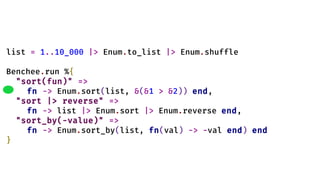 list = 1..10_000 |> Enum.to_list |> Enum.shuffle
Benchee.run %{
"sort(fun)" =>
fn -> Enum.sort(list, &(&1 > &2)) end,
"sort |> reverse" =>
fn -> list |> Enum.sort |> Enum.reverse end,
"sort_by(-value)" =>
fn -> Enum.sort_by(list, fn(val) -> -val end) end
}
 