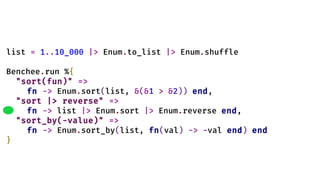 list = 1..10_000 |> Enum.to_list |> Enum.shuffle
Benchee.run %{
"sort(fun)" =>
fn -> Enum.sort(list, &(&1 > &2)) end,
"sort |> reverse" =>
fn -> list |> Enum.sort |> Enum.reverse end,
"sort_by(-value)" =>
fn -> Enum.sort_by(list, fn(val) -> -val end) end
}
 