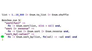list = 1..10_000 |> Enum.to_list |> Enum.shuffle
Benchee.run %{
"sort(fun)" =>
fn -> Enum.sort(list, &(&1 > &2)) end,
"sort |> reverse" =>
fn -> list |> Enum.sort |> Enum.reverse end,
"sort_by(-value)" =>
fn -> Enum.sort_by(list, fn(val) -> -val end) end
}
 