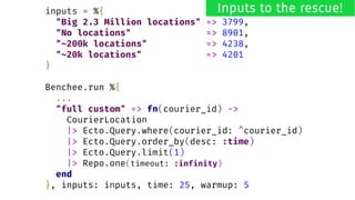 inputs = %{
"Big 2.3 Million locations" => 3799,
"No locations" => 8901,
"~200k locations" => 4238,
"~20k locations" => 4201
}
Benchee.run %{
...
"full custom" => fn(courier_id) ->
CourierLocation
|> Ecto.Query.where(courier_id: ^courier_id)
|> Ecto.Query.order_by(desc: :time)
|> Ecto.Query.limit(1)
|> Repo.one(timeout: :infinity)
end
}, inputs: inputs, time: 25, warmup: 5
Inputs to the rescue!
 