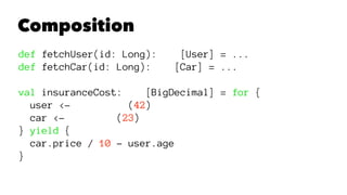 Composition
def fetchUser(id: Long): [User] = ...
def fetchCar(id: Long): [Car] = ...
val insuranceCost: [BigDecimal] = for {
user <- (42)
car <- (23)
} yield {
car.price / 10 - user.age
}
 