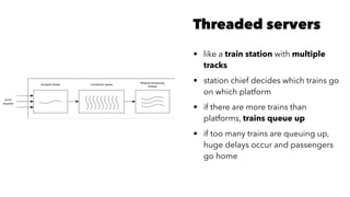 Threaded servers
• like a train station with multiple
tracks
• station chief decides which trains go
on which platform
• if there are more trains than
platforms, trains queue up
• if too many trains are queuing up,
huge delays occur and passengers
go home
 