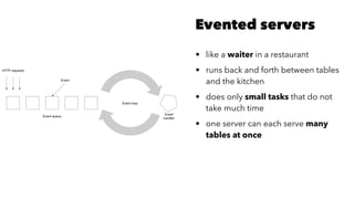Evented servers
• like a waiter in a restaurant
• runs back and forth between tables
and the kitchen
• does only small tasks that do not
take much time
• one server can each serve many
tables at once
 