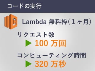 Lambda 無料枠(１ヶ⽉月)
リクエスト数
▶ 100  万回
コンピューティング時間
▶ 320  万秒
コードの実⾏行
 