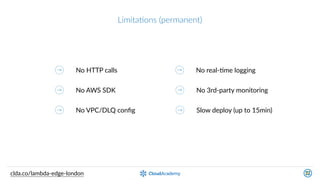 LimitaQons  (permanent)
No  HTTP  calls
No  AWS  SDK
No  VPC/DLQ  conﬁg
No  real-­‐Kme  logging
No  3rd-­‐party  monitoring
Slow  deploy  (up  to  15min)
clda.co/lambda-­‐edge-­‐london
 