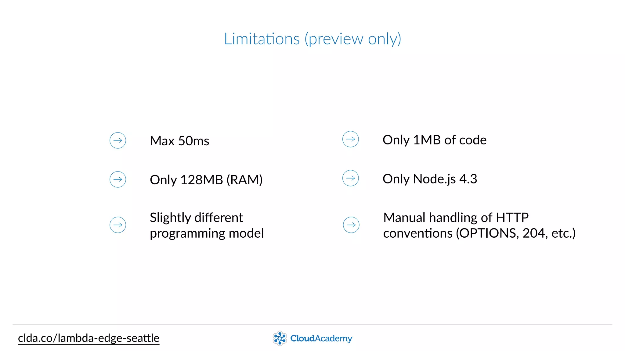LimitaPons  (preview  only)
Max  50ms
Only  128MB  (RAM)
Only  1MB  of  code
Only  Node.js  4.3
Programming  model Only  1  trigger
clda.co/lambda-­‐edge-­‐sea.le
 
