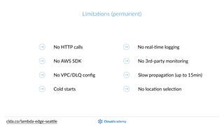 LimitaPons  (permanent)
Cold  starts
Only  Node.js
No  VPC
No  API  Gateway  distribuQons
Slow  propagaQon  (~5min)
No  real-­‐Qme  logging
clda.co/lambda-­‐edge-­‐sea.le
No  DLQ Explicit  HTTP  convenQons
 
