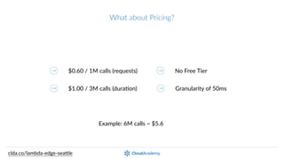 Lambda@Edge  Pricing
$0.60  /  1M  calls  (requests)
$1.00  /  3M  calls  (duraQon)
No  Free  Tier
50ms  granularity
clda.co/lambda-­‐edge-­‐sea.le
Example:  6M  calls  ~  $5.6
 