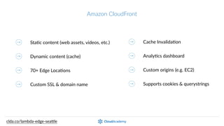 Amazon  CloudFront
StaQc  content  (web  assets,  videos,  etc.)
Dynamic  content  (cache)
70+  Edge  LocaQons
Custom  SSL  &  domain  name
Cache  InvalidaQon
AnalyQcs  dashboard
Custom  origins  (e.g.  EC2)
Supports  cookies  &  querystrings
clda.co/lambda-­‐edge-­‐sea.le
 