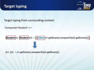 Target typing


      Target typing from surrounding context:

       Comparator<Student> c =




All rights reserved @ Copyright AlphaCSP 2012
 
