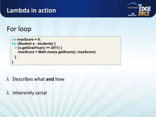 Lambda in action

      For loop
            int maxScore = 0;
            for (Student s : students) {
              if (s.getGradYear() == 2011) {
                 maxScore = Math.max(s.getScore(), maxScore);
              }
            }




             Describes what and how

             Inherently serial



All rights reserved @ Copyright AlphaCSP 2012
 
