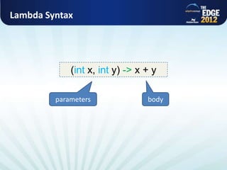 Lambda Syntax




                                                (int x, int y) -> x + y

                                            parameters              body




All rights reserved @ Copyright AlphaCSP 2012
 