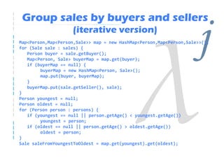Group sales by buyers and sellers
                    (iterative version)

   Person buyer = sale.getBuyer();
   Map<Person, Sale> buyerMap = map.get(buyer);
   if (buyerMap == null) {
        buyerMap = new HashMap<Person, Sale>();
                                                                     j
Map<Person,Map<Person,Sale>> map = new HashMap<Person,Map<Person,Sale>>();
for (Sale sale : sales) {




        map.put(buyer, buyerMap);
   }
   buyerMap.put(sale.getSeller(), sale);
}
Person youngest = null;
Person oldest = null;
for (Person person : persons) {
   if (youngest == null || person.getAge() < youngest.getAge())
        youngest = person;
   if (oldest == null || person.getAge() > oldest.getAge())
        oldest = person;
}
Sale saleFromYoungestToOldest = map.get(youngest).get(oldest);
 