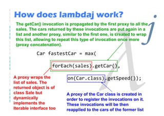 How does lambdaj work?
 The getCar() invocation is propagated by the first proxy to all the
 sales. The cars returned by these invocations are put again in a
 list and another proxy, similar to the first one, is created to wrap
 this list, allowing to repeat this type of invocation once more
 (proxy concatenation).
                                                                      j
            Car fastestCar = max(

                    forEach(sales).getCar(),

A proxy wraps the          on(Car.class).getSpeed());
list of sales. The
returned object is of
class Sale but             A proxy of the Car class is created in
dynamically                order to register the invocations on it.
implements the             These invocations will be then
Iterable interface too     reapplied to the cars of the former list
 