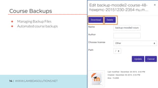 Course Backups
● Managing Backup Files
● Automated course backups
14 | WWW.LAMBDASOLUTIONS.NET
 