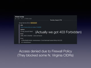 Access denied due to Firewall Policy
(They blocked some N. Virginia CIDRs)
(Actually we got 403 Forbidden)
 