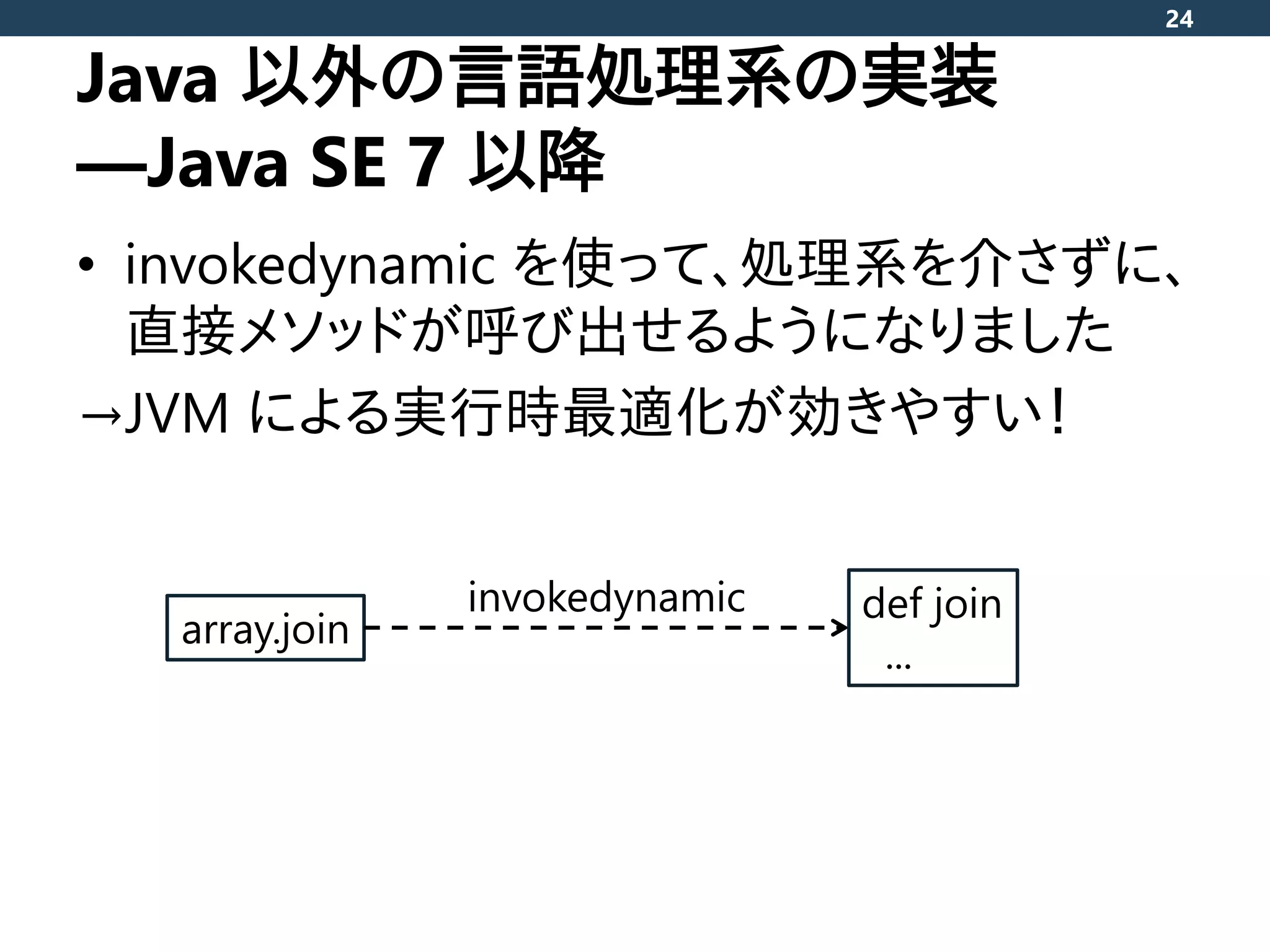 Java 以外の言語処理系の実装
―Java SE 7 以降
• invokedynamic を使って、処理系を介さずに、
直接メソッドが呼び出せるようになりました
→JVM による実行時最適化が効きやすい！
24
array.join
invokedynamic def join
...
 