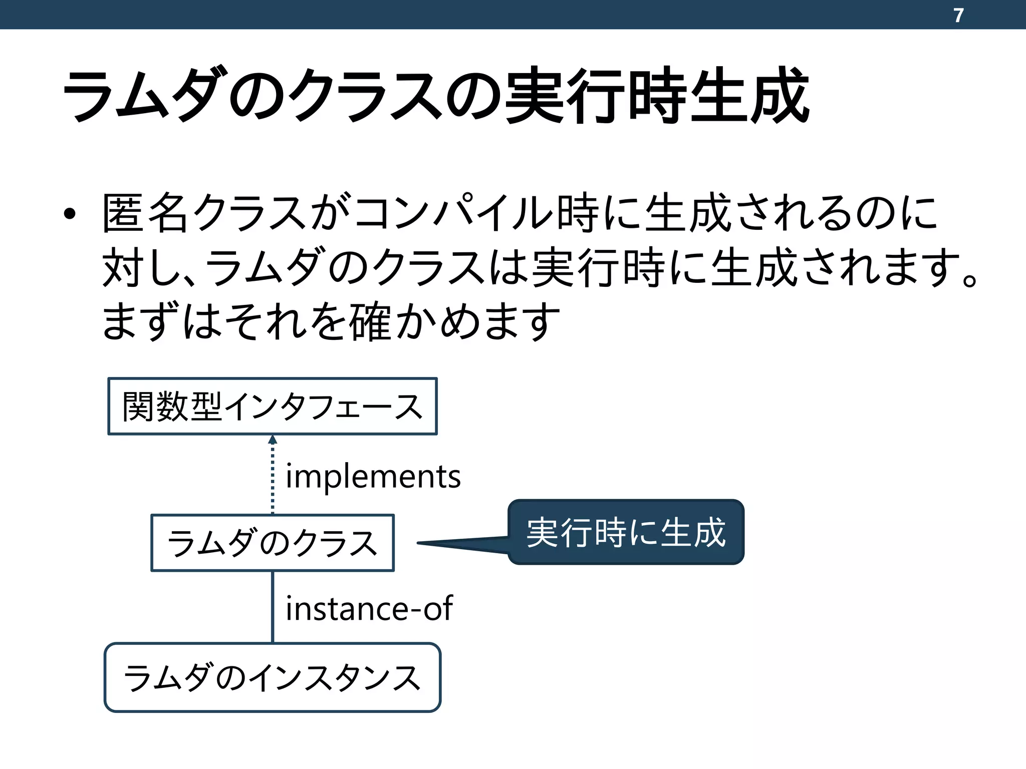 ラムダのクラスの実行時生成
• 匿名クラスがコンパイル時に生成されるのに
対し、ラムダのクラスは実行時に生成されます。
まずはそれを確かめます
7
関数型インタフェース
ラムダのクラス
ラムダのインスタンス
instance-of
implements
実行時に生成
 