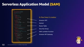 © 2022, Amazon Web Services, Inc. or its affiliates. All rights reserved.
Serverless Application Model (SAM)
In few lines it creates:
Amazon VPC
Subnet
Route Table
Security Group
AWS Lambda Function
Amazon API Gateway
 