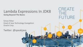 Lambda Expressions In JDK8
Going Beyond The Basics
Simon Ritter
Head of Java Technology Evangelism
Oracle Corp.
Twitter: @speakjava
Copyright © 2014, Oracle and/or its affiliates. All rights reserved.
 