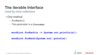 The iterable Interface 
Used by most collections 
 One method 
– forEach() 
– The parameter is a Consumer 
wordList.forEach(s -> System.out.println(s)); 
wordList.forEach(System.out::println); 
Copyright © 2012, Oracle and/or its affiliates. 11 All rights reserved. 
 