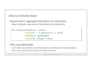 int 
heaviestBlueBlock 
= 
blocks 
.filter(b 
-­‐> 
b.getColor() 
== 
BLUE) 
.map(Block::getWeight) 
.reduce(0, 
Integer::max); 
Copyright 
© 
2014, 
Oracle 
and/or 
its 
affiliates. 
All 
rights 
reserved. 
Library 
EvoluTon 
Goal 
• Requirement: 
aggregate 
operaTons 
on 
collecTons 
– New 
methods 
required 
on 
CollecTons 
to 
facilitate 
this 
• This 
is 
problemaTc 
– Can’t 
add 
new 
methods 
to 
interfaces 
without 
modifying 
all 
implementaTons 
– Can’t 
necessarily 
find 
or 
control 
all 
implementaTons 
 