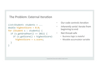 The 
Problem: 
External 
IteraTon 
List<Student> 
students 
= 
... 
double 
highestScore 
= 
0.0; 
for 
(Student 
s 
: 
students) 
{ 
if 
(s.getGradYear() 
== 
2011) 
{ 
if 
(s.getScore() 
> 
highestScore) 
highestScore 
= 
s.score; 
} 
} 
• Our 
code 
controls 
iteraTon 
• Inherently 
Copyright 
© 
2014, 
Oracle 
and/or 
its 
affiliates. 
All 
rights 
reserved. 
serial: 
iterate 
from 
beginning 
to 
end 
• Not 
thread-­‐safe 
• Business 
logic 
is 
stateful 
• Mutable 
accumulator 
variable 
 